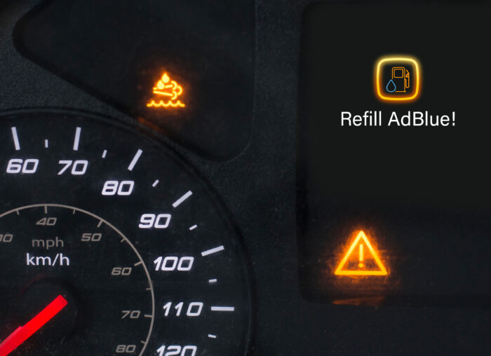 Close up of a truck display with low AdBlue.